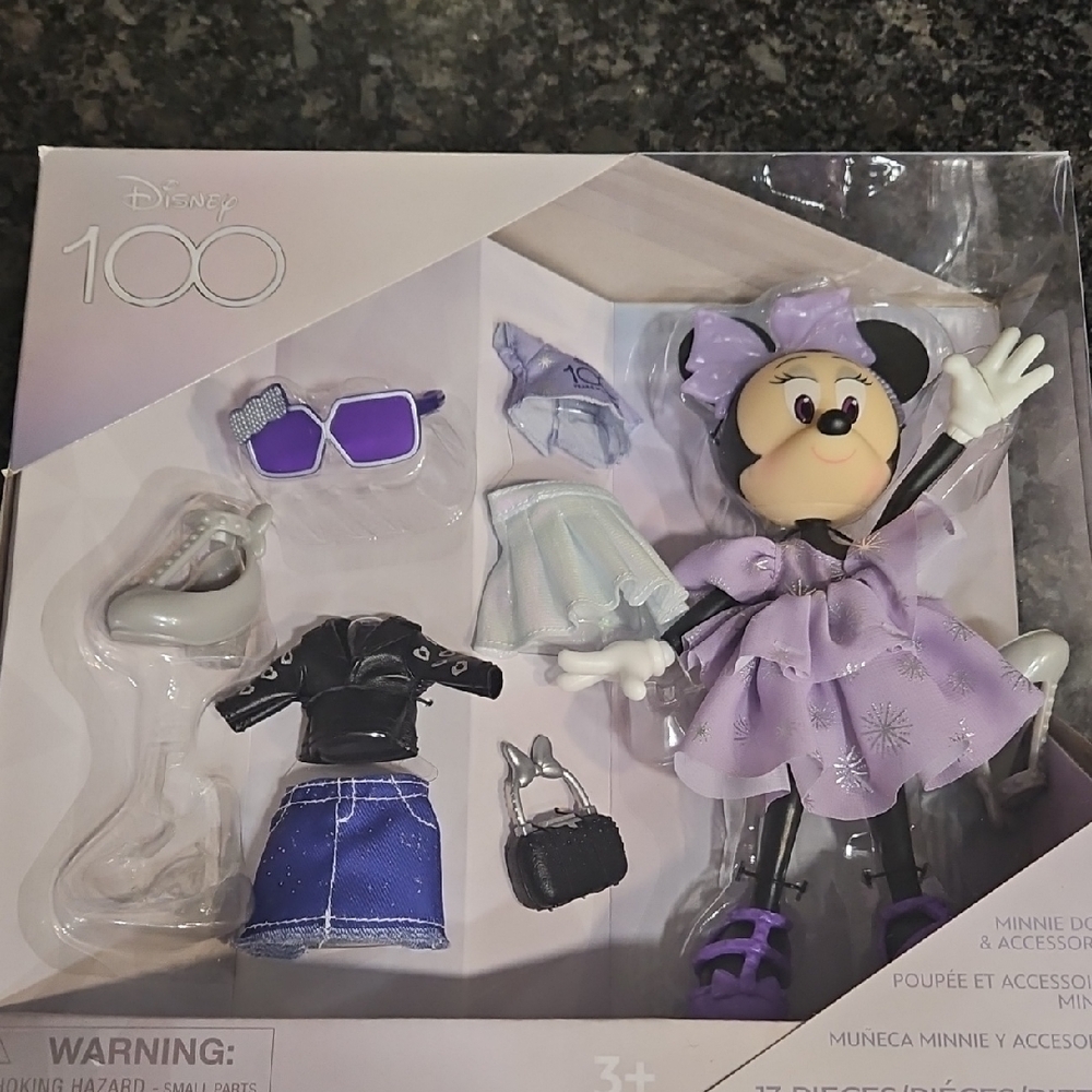 Disney 100th Minnie Mouse Doll with Purple Outfit and Accessories